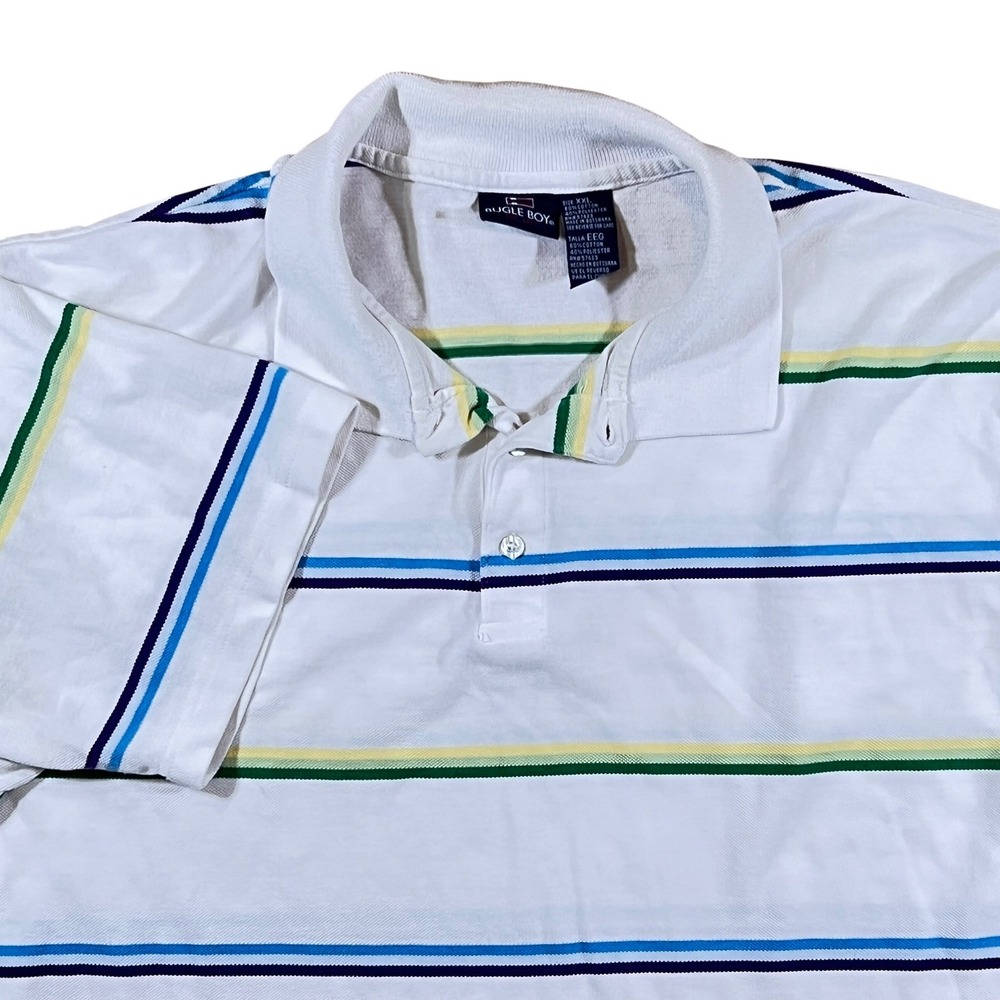 VTG Bugle Boy Polo Shirt Mens XXL White Blue Green Yellow Striped 90s Preppy‎